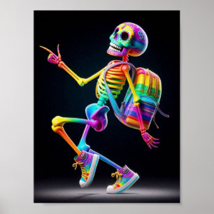 Dancing skeleton in rainbow colors poster