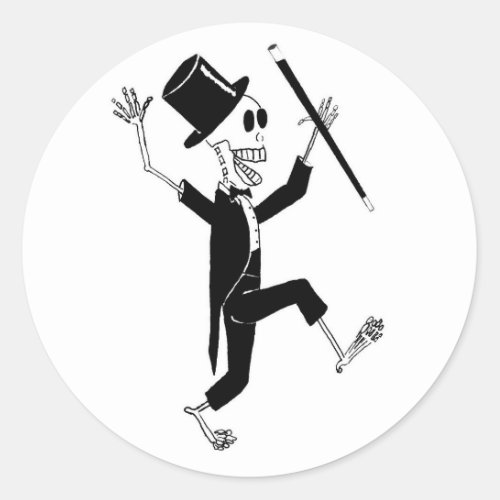 Dancing Skeleton in Tuxedo and Top Hat with Cane Classic Round Sticker