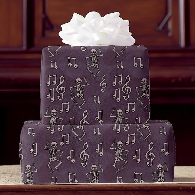 Dancing Skeleton Music Notes Halloween  Wrapping Paper (Gift wrap with dancing skeletons and music notes, perfect for Halloween, gothic, or music lovers.)