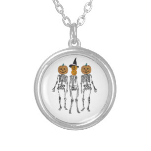 Dancing Skeleton Pumpkin Head Funny Halloween  Silver Plated Necklace