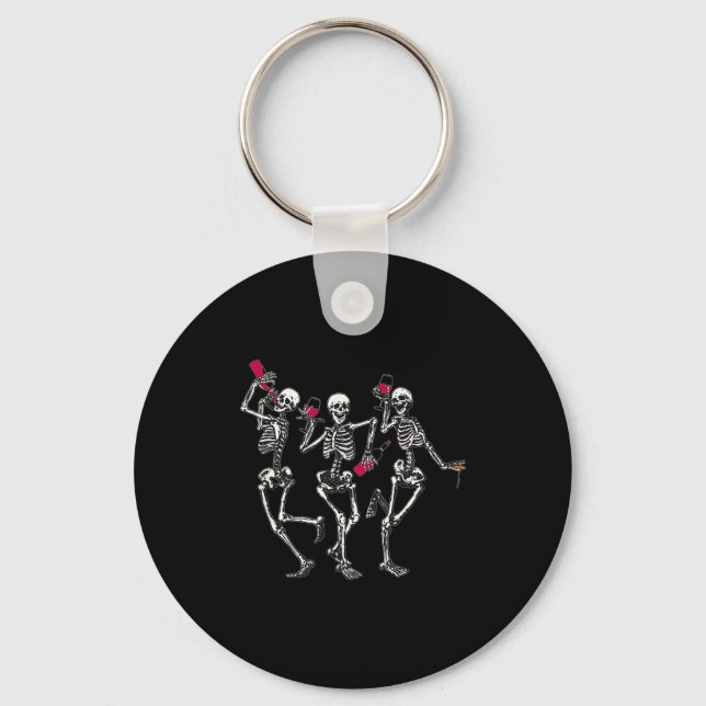 Dancing Skeletons Drinking Wine Lover Funny Hallow Keychain (Front)