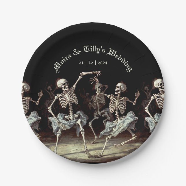 Dancing Skeletons Gothic Wedding Paper Plates (Front)