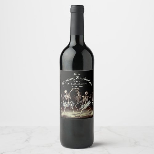 Dancing Skeletons Gothic Wedding Wine Label