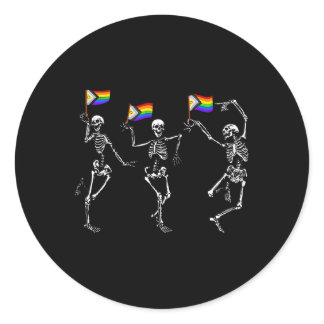 Dancing Skeletons Holding Inclusive Gay Pride Flag Classic Round Sticker