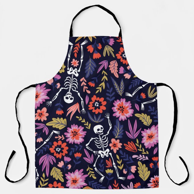 Dancing skeletons in the floral garden pattern apron (Front)