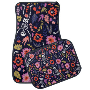 Dancing skeletons in the floral garden pattern car floor mat