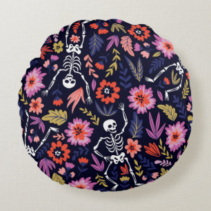 Dancing skeletons in the floral garden pattern round pillow