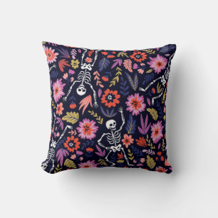 Dancing skeletons in the floral garden pattern throw pillow