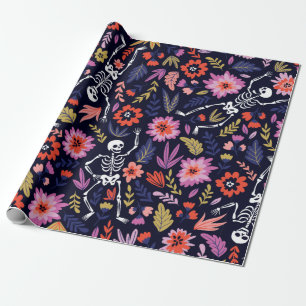 Dancing skeletons in the floral garden pattern wrapping paper