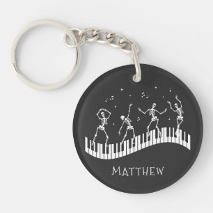 Dancing Skeletons Keyboard Musician Black Keychain