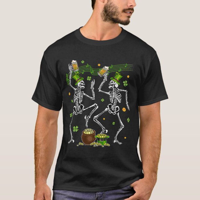 Dancing Skeletons Leprechaun Drinking Beer St. Pat T-Shirt (Front)