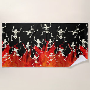 Dancing Skeletons On Fire Flames For Halloween Beach Towel