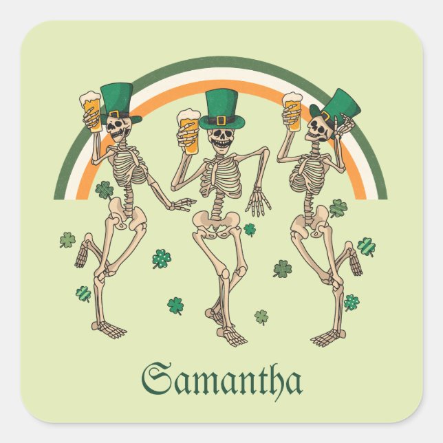 Dancing Skeletons with Beer and Shamrocks Square Sticker (Front)