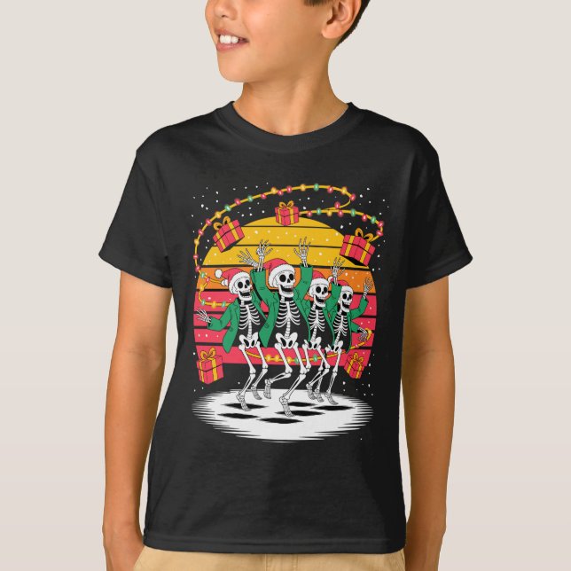 Dancing Skeletons With Santa Hats Christmas Lights T-Shirt (Front)