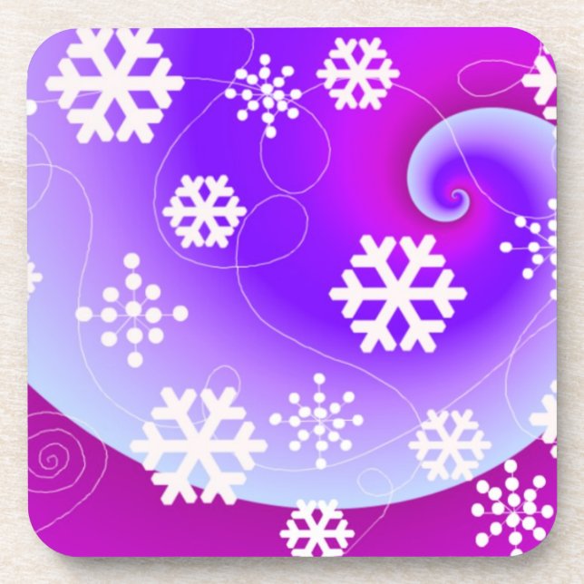 Dancing Snowflakes on a Purple Swirl Background Drink Coaster (Front)