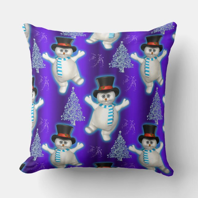 Dancing Snowman Christmas Blue Throw Pillow (Front)
