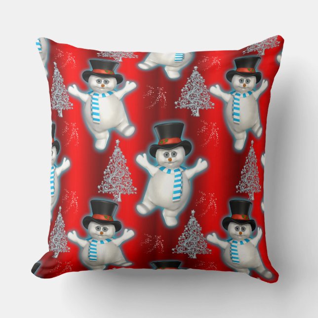 Dancing Snowman Christmas Red Throw Pillow (Front)