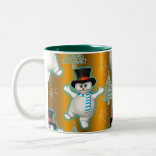 Dancing Snowman in Top Hat on Gold Christmas Two-Tone Coffee Mug