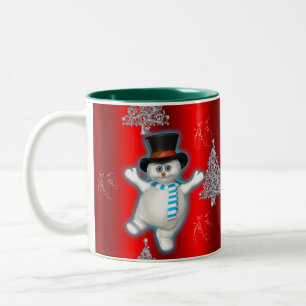 Dancing Snowman in Top Hat on Red Christmas Two-Tone Coffee Mug
