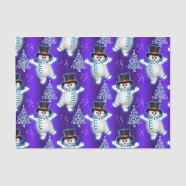 Dancing Snowmen on Blue Christmas Tissue Paper (Front)