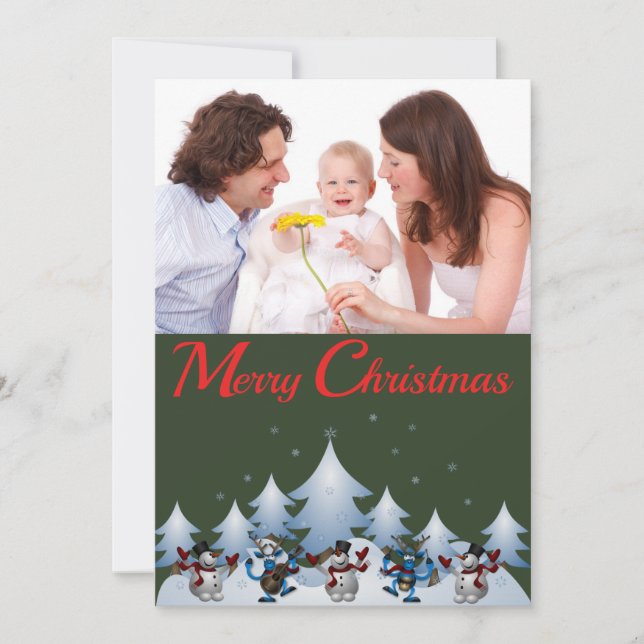 Dancing Snowmen & Reindeer Holiday Photo Card (Front)
