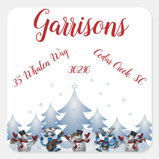 Dancing Snowmen & Reindeer Return Address Label- Square Sticker (Front)