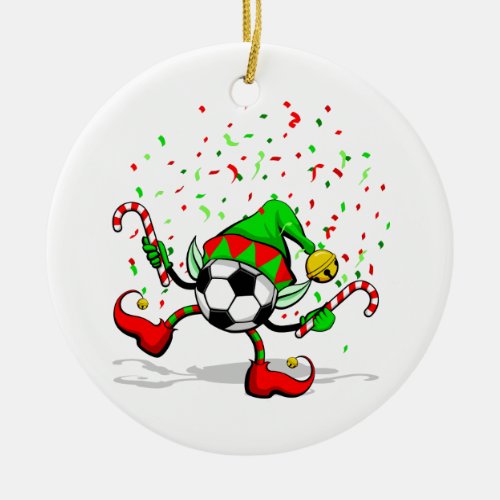 Dancing Soccer Christmas Elf Ceramic Ornament