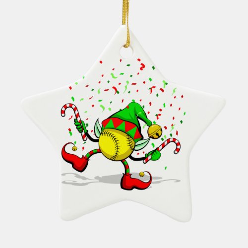 Dancing Softball Christmas Elf Ceramic Ornament