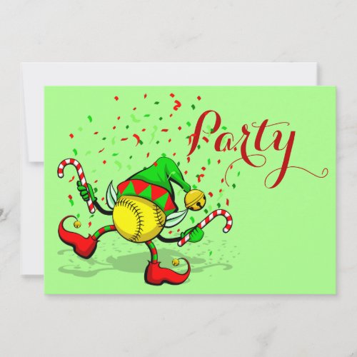 Dancing Softball Christmas Elf Holiday Card