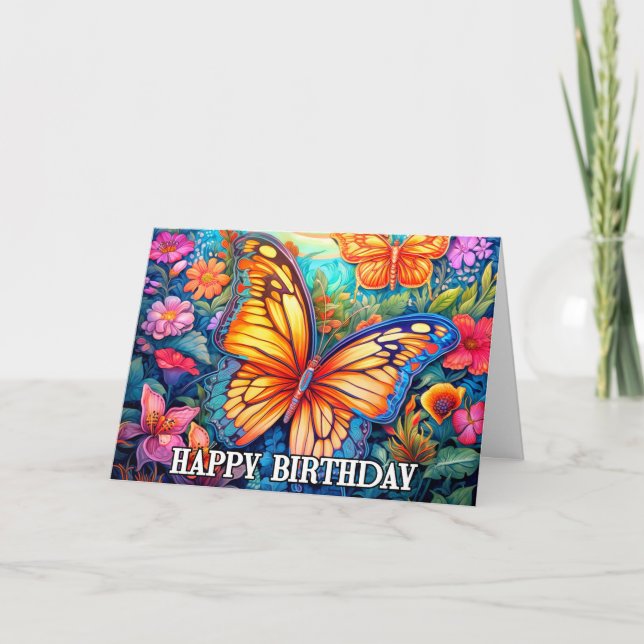 Dancing Spring Butterfly Art Happy Birthday Card (Front)