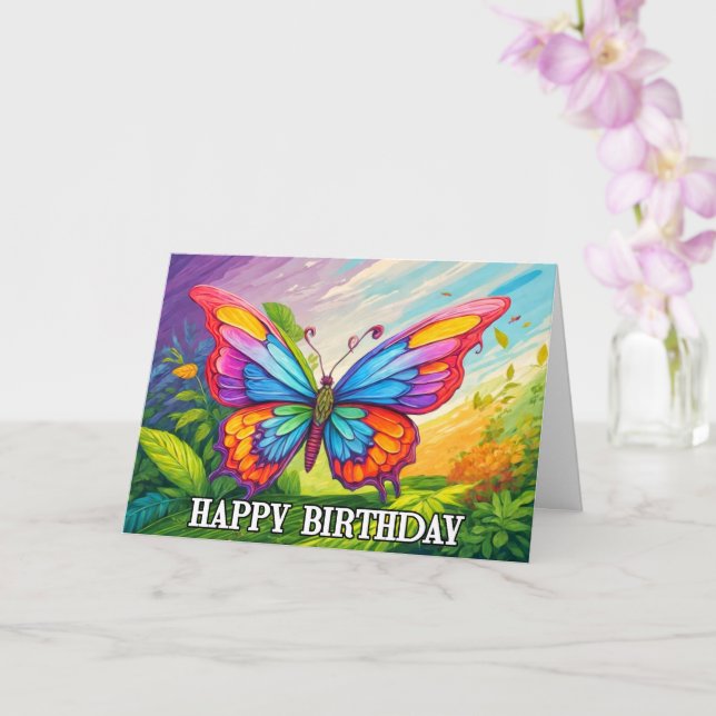 Dancing Spring Butterfly Doodle Happy Birthday Card (Orchid)