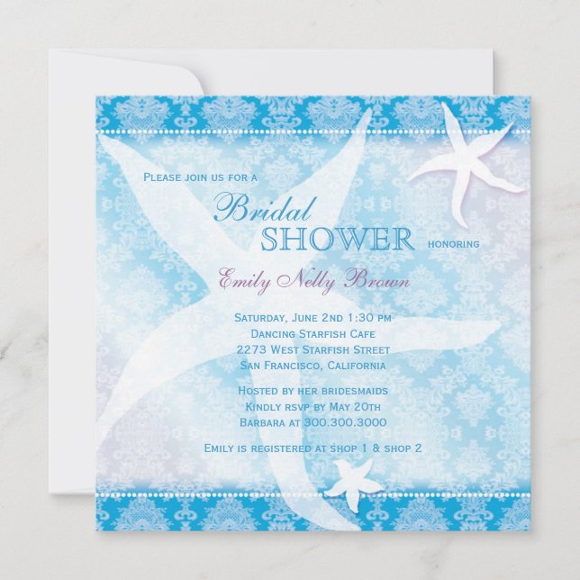 Dancing Starfish Ocean Blue Summer Bridal Shower Invitation (Front)