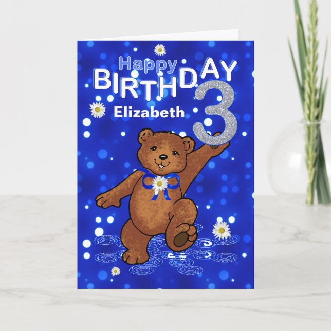 Dancing Teddy Bear 3rd Birthday for Girl Card (Front)