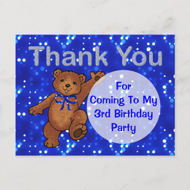 Dancing Teddy Bear 3rd Birthday Party Thank You Postcard (Front)