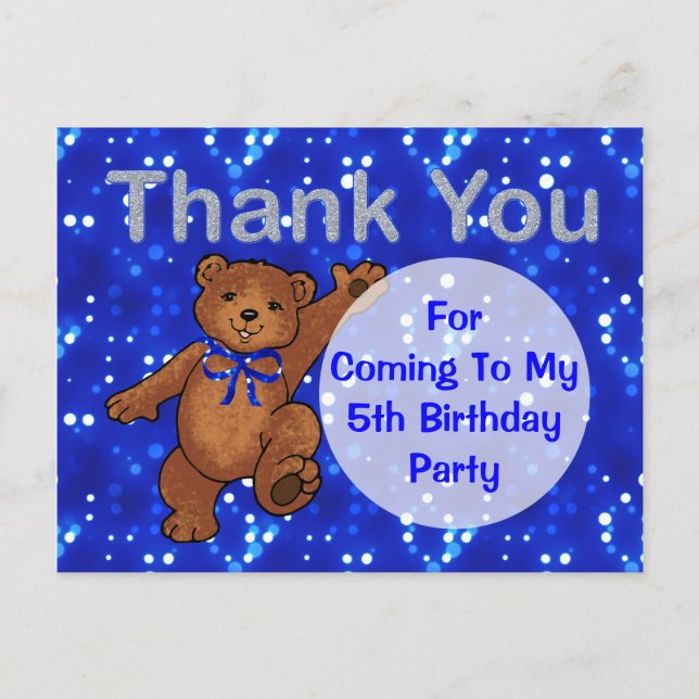 Dancing Teddy Bear 5th Birthday Party Thank You Postcard (Front)