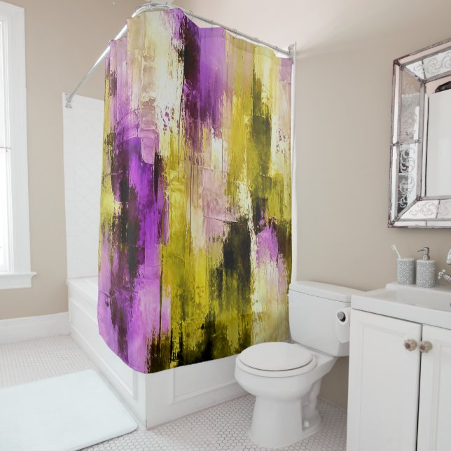 Dancing Through Violet Expressive Modern Abstract Shower Curtain (In Situ)