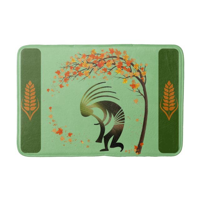 Dancing Tree Fall Leaves Flute Kokopelli  Bath Mat (Front)
