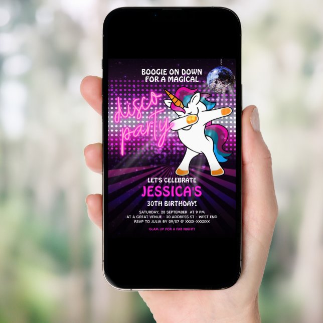 Dancing Unicorn Disco Party Invitation (Front Digital)