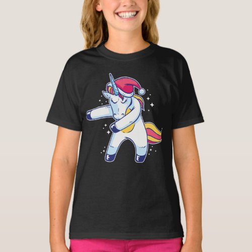 dancing unicorn with Christmas cap T_Shirt