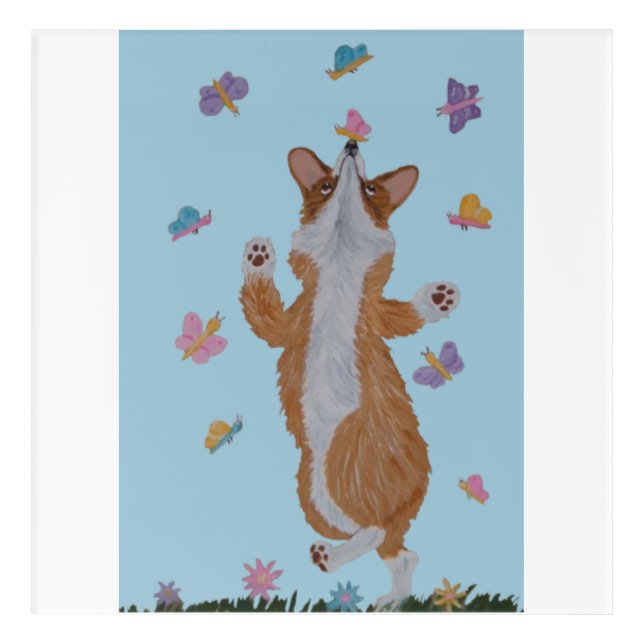 Dancing  Welsh Corgi with butterflies Acrylic Print (Front)