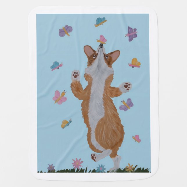 Dancing Welsh Corgi with butterflies Baby Blanket (Front)