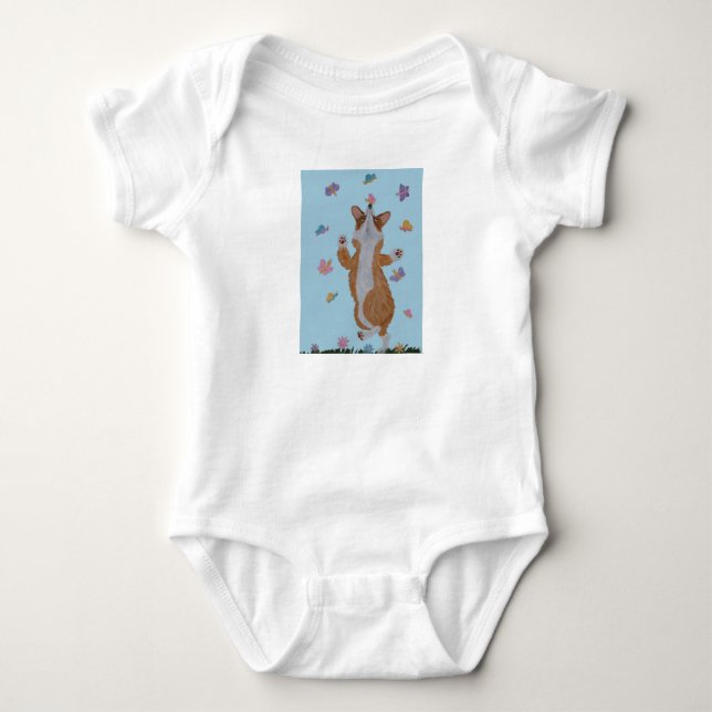 Dancing  Welsh Corgi with butterflies Baby Bodysuit (Front)