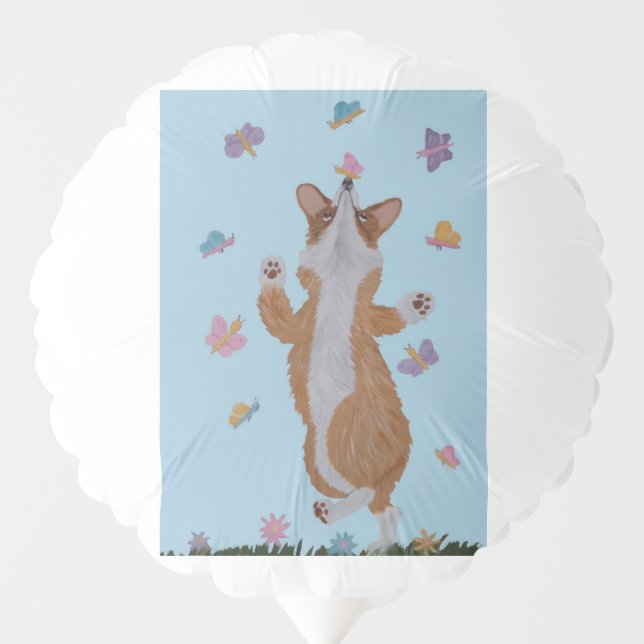 Dancing Welsh Corgi with butterflies Balloon (Front)