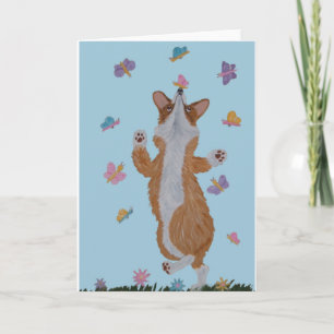Dancing Welsh Corgi with butterflies Card
