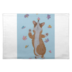Dancing Welsh Corgi with Butterflies Cloth Placemat