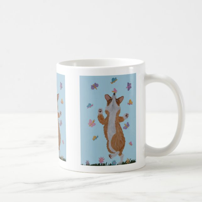 Dancing Welsh Corgi with Butterflies Coffee Mug (Right)