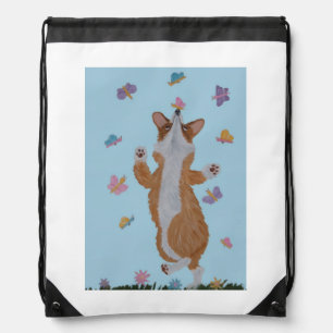Dancing Welsh Corgi with Butterflies Drawstring Bag
