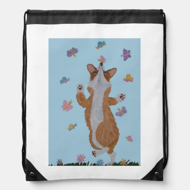 Dancing Welsh Corgi with Butterflies Drawstring Bag (Front)