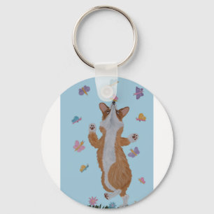 Dancing Welsh Corgi with Butterflies Keychain