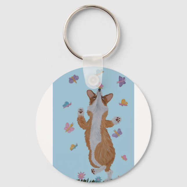 Dancing Welsh Corgi with Butterflies Keychain (Front)